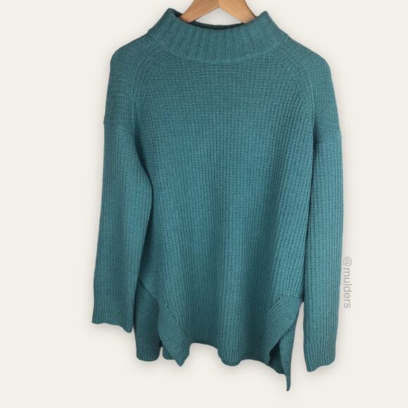 A New Day Waffle Knit Green Blue Mock Neck Split Hem Sides Sweater - Picture 1 of 7